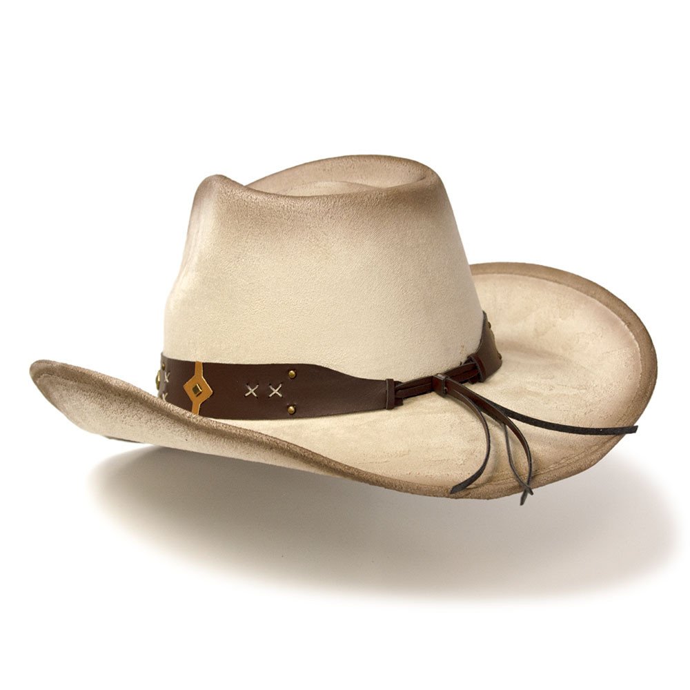 Beige &amp; Buff Suede Finish Western Pinch Front Hat with Star Concho &amp; Beads Hat Band