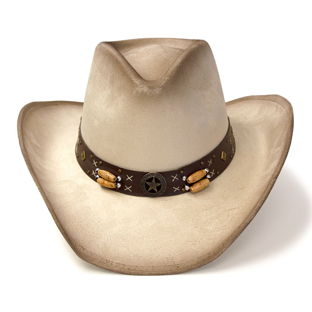 Beige &amp; Buff Suede Finish Western Pinch Front Hat with Star Concho &amp; Beads Hat Band