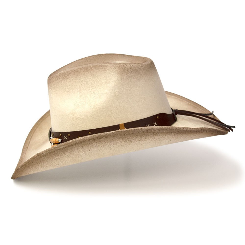 Beige &amp; Buff Suede Finish Western Pinch Front Hat with Star Concho &amp; Beads Hat Band