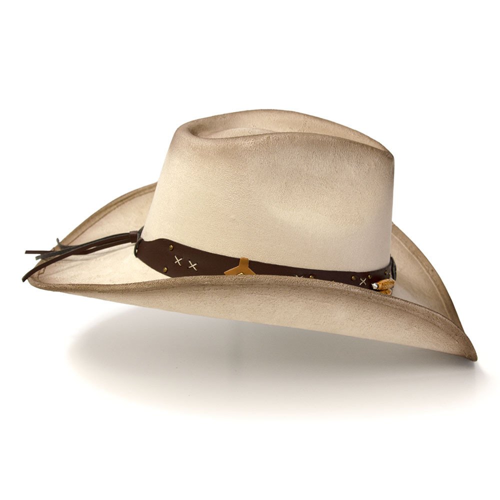 Beige &amp; Buff Suede Finish Western Pinch Front Hat with Star Concho &amp; Beads Hat Band