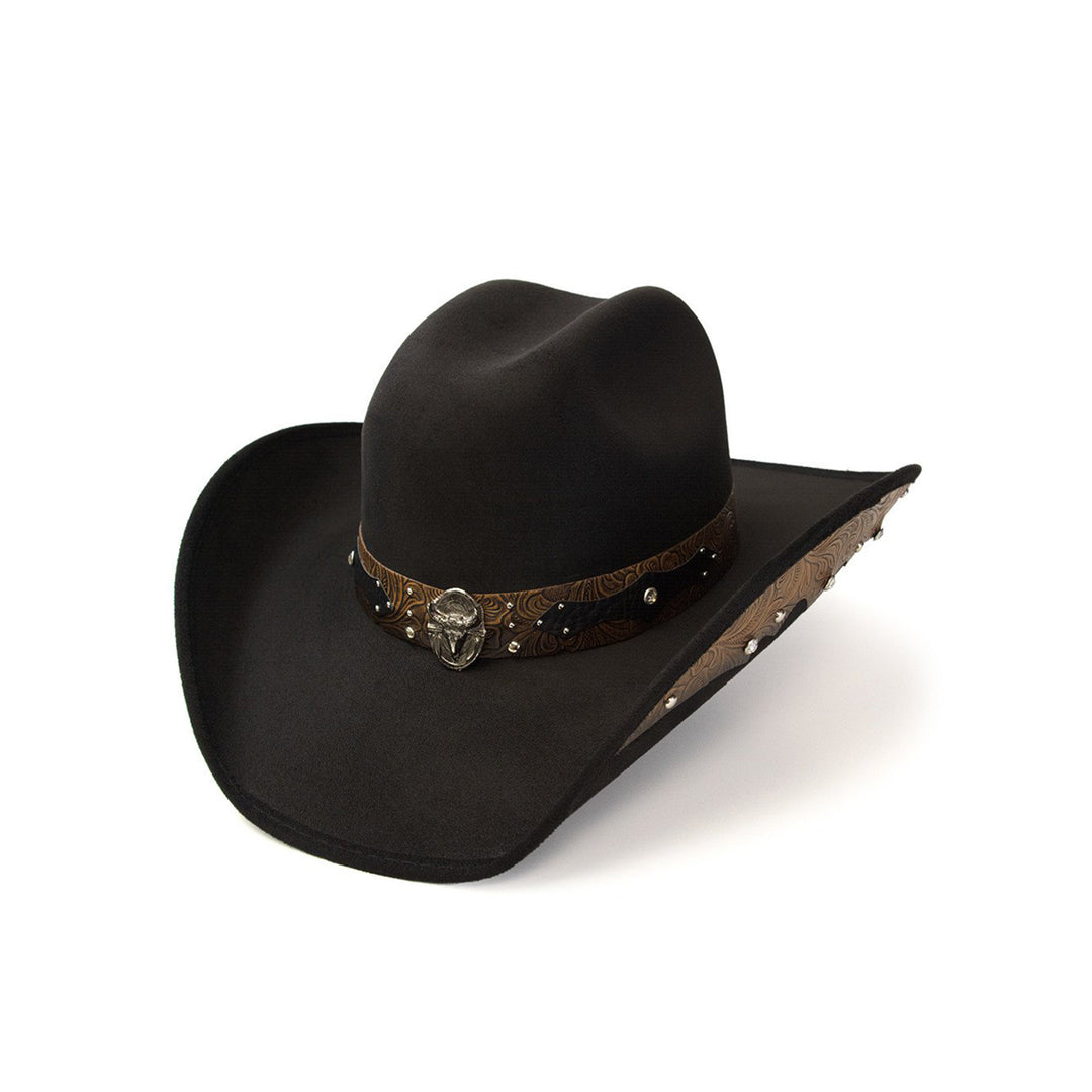 Black Suede Finish Western Hat with Steer Skull on Hat Band &amp; Leather Sides