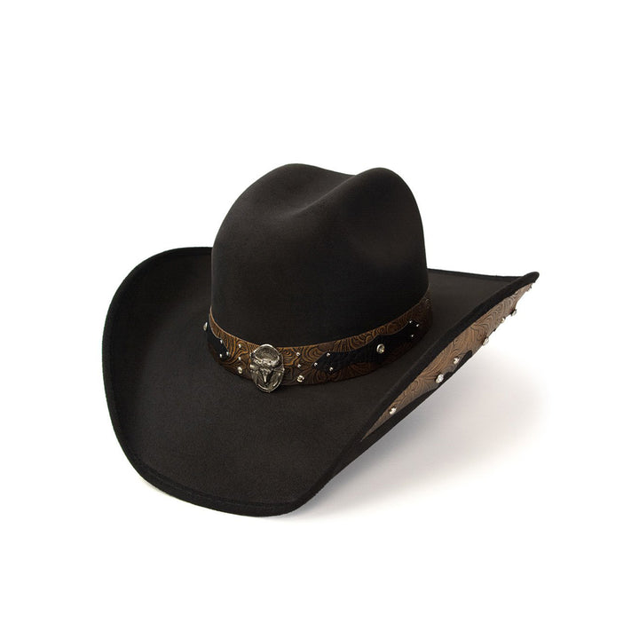 Black Suede Finish Western Hat with Steer Skull on Hat Band &amp; Leather Sides
