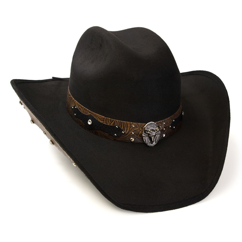 Black Suede Finish Western Hat with Steer Skull on Hat Band &amp; Leather Sides