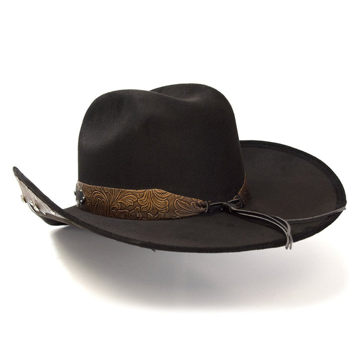 Black Suede Finish Western Hat with Steer Skull on Hat Band &amp; Leather Sides
