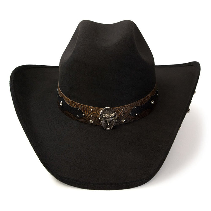 Black Suede Finish Western Hat with Steer Skull on Hat Band &amp; Leather Sides