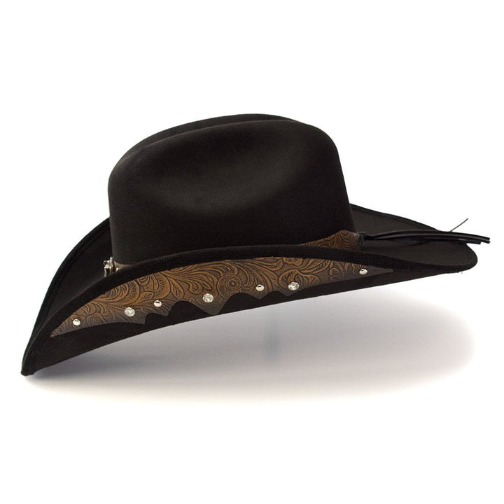 Black Suede Finish Western Hat with Steer Skull on Hat Band &amp; Leather Sides