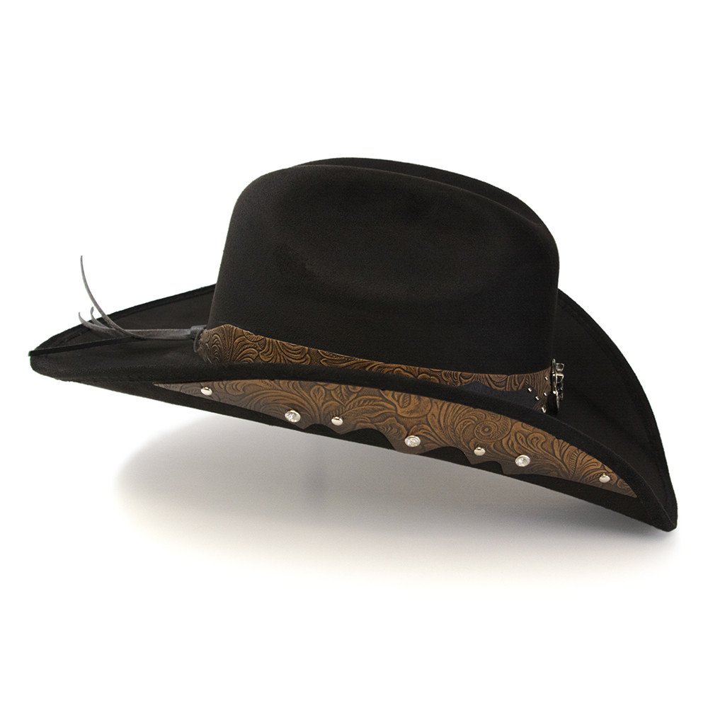 Black Suede Finish Western Hat with Steer Skull on Hat Band &amp; Leather Sides