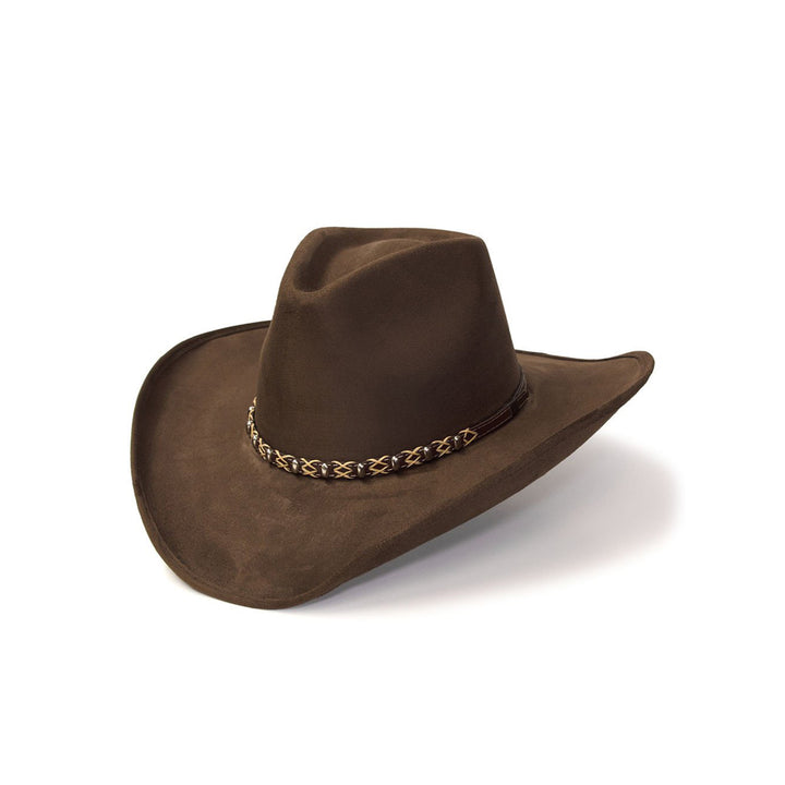 Brown Suede Finish Western Pinch Front Hat with Beaded Leather Roped Hat Band