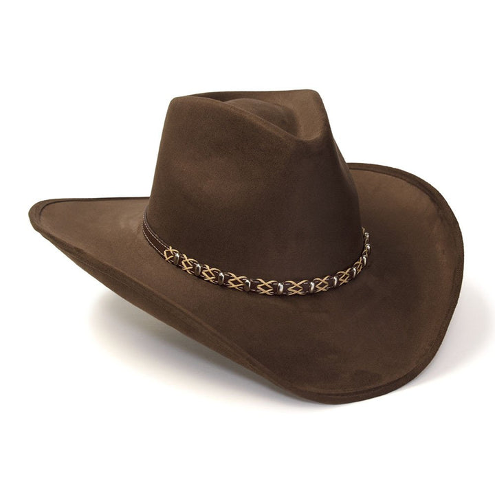 Brown Suede Finish Western Pinch Front Hat with Beaded Leather Roped Hat Band
