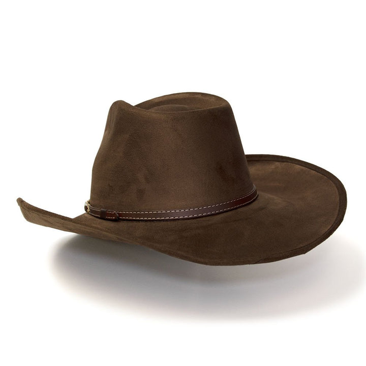 Brown Suede Finish Western Pinch Front Hat with Beaded Leather Roped Hat Band