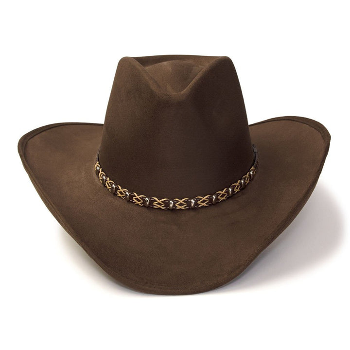Brown Suede Finish Western Pinch Front Hat with Beaded Leather Roped Hat Band