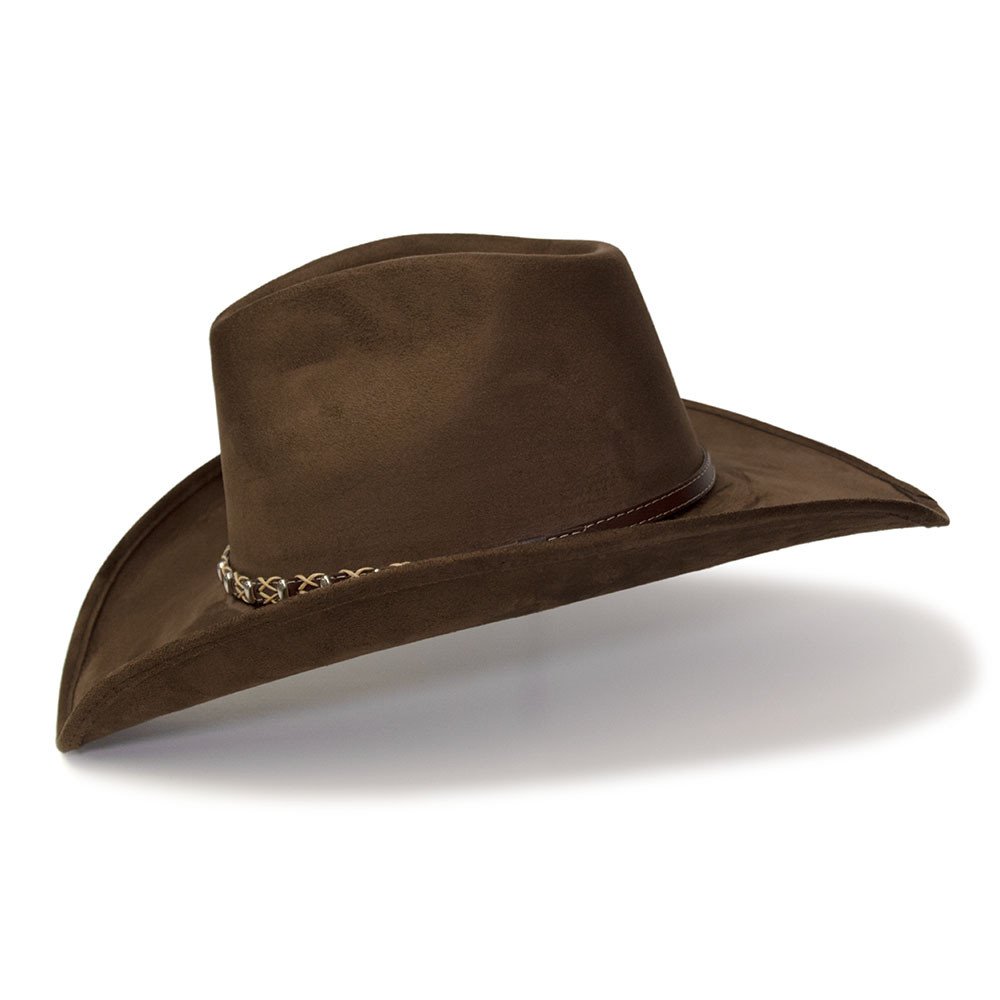 Brown Suede Finish Western Pinch Front Hat with Beaded Leather Roped Hat Band