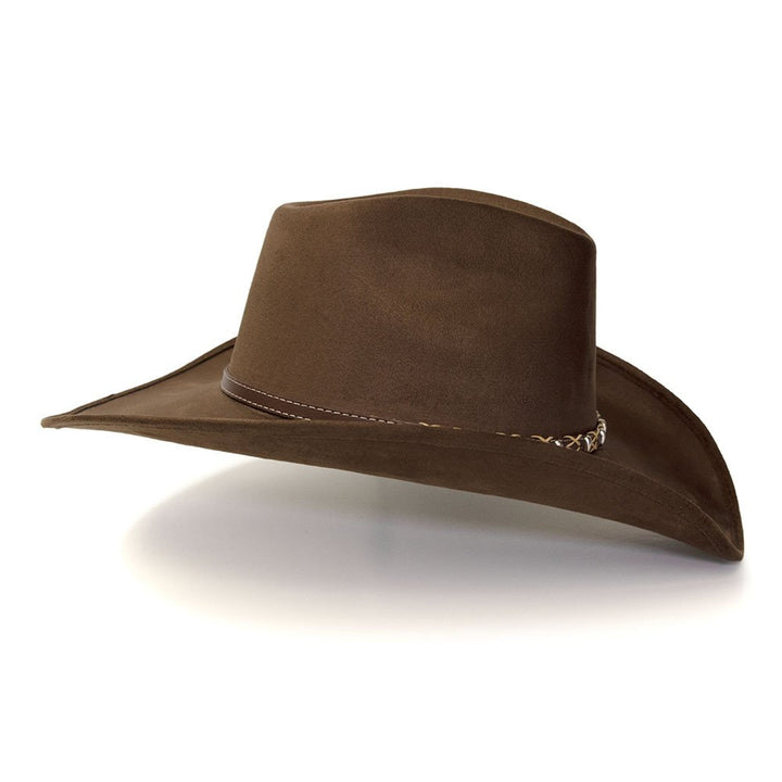 Brown Suede Finish Western Pinch Front Hat with Beaded Leather Roped Hat Band