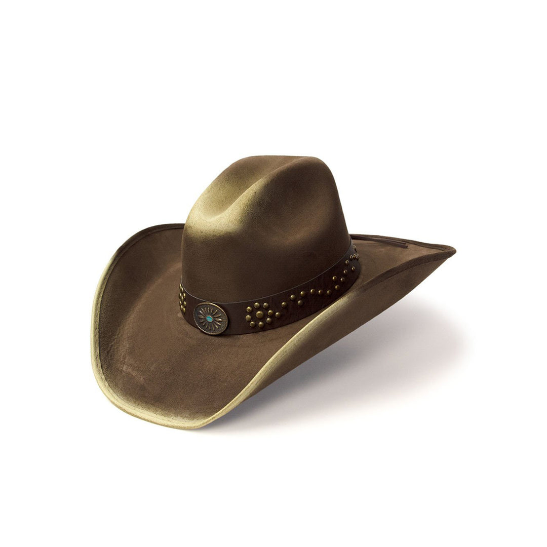Brown &amp; Camel Suede Finish Western Hat with Sunburst Concho on Hat Band