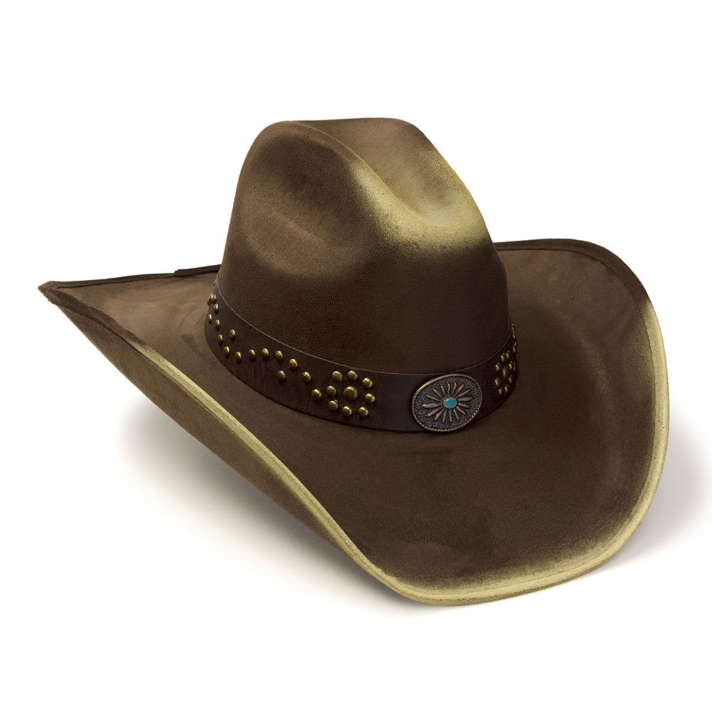 Brown &amp; Camel Suede Finish Western Hat with Sunburst Concho on Hat Band