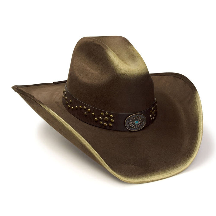 Brown &amp; Camel Suede Finish Western Hat with Sunburst Concho on Hat Band