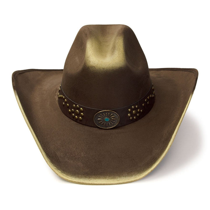 Brown &amp; Camel Suede Finish Western Hat with Sunburst Concho on Hat Band