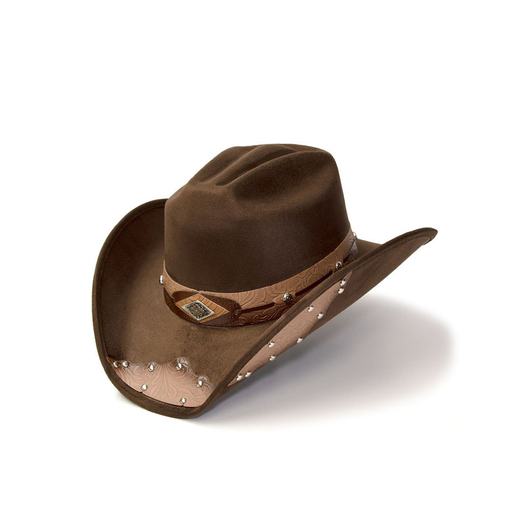 Brown Suede Finish Western Hat with Tooled Hat Band &amp; Leather Sides
