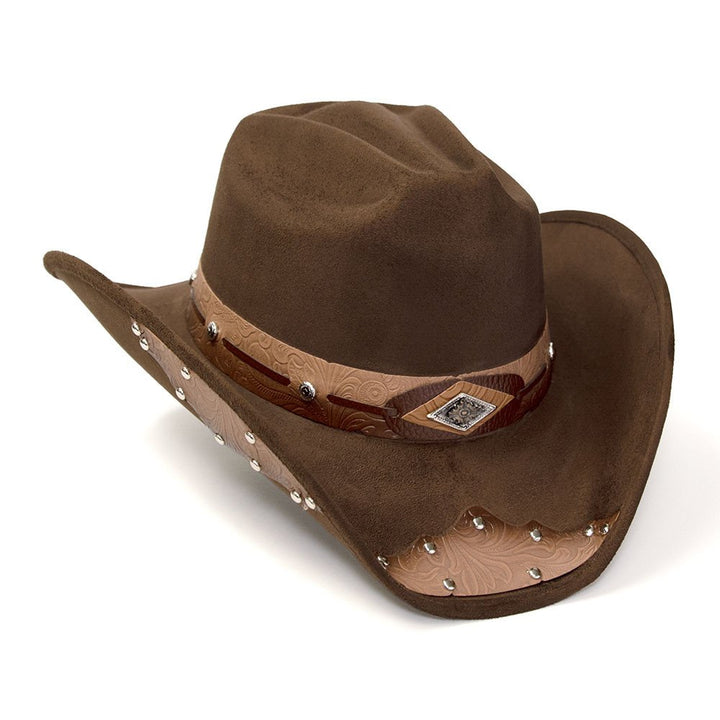 Brown Suede Finish Western Hat with Tooled Hat Band &amp; Leather Sides