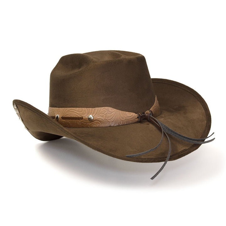 Brown Suede Finish Western Hat with Tooled Hat Band &amp; Leather Sides