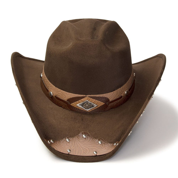Brown Suede Finish Western Hat with Tooled Hat Band &amp; Leather Sides