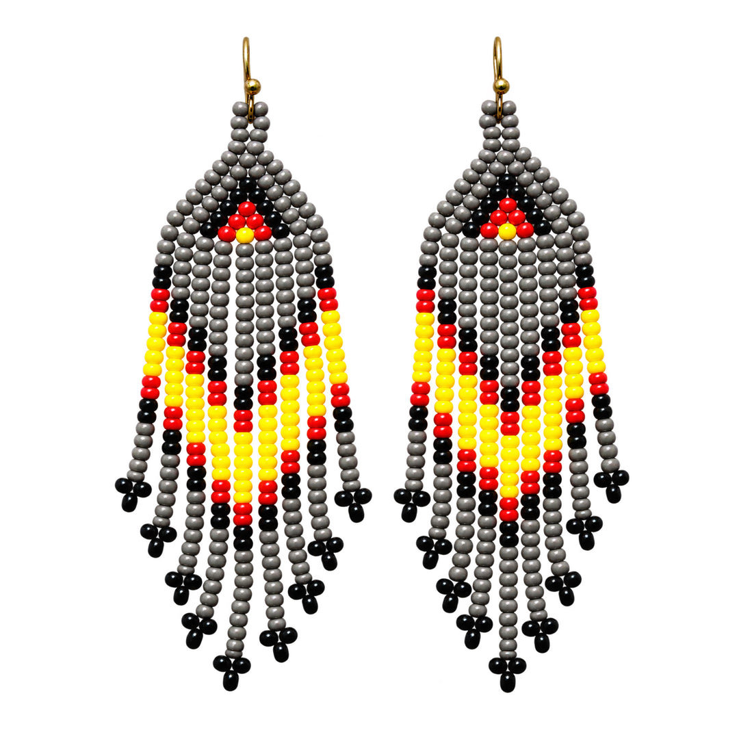 Handmade Beaded Fringe Dangle Earrings - Black and Red Chevron