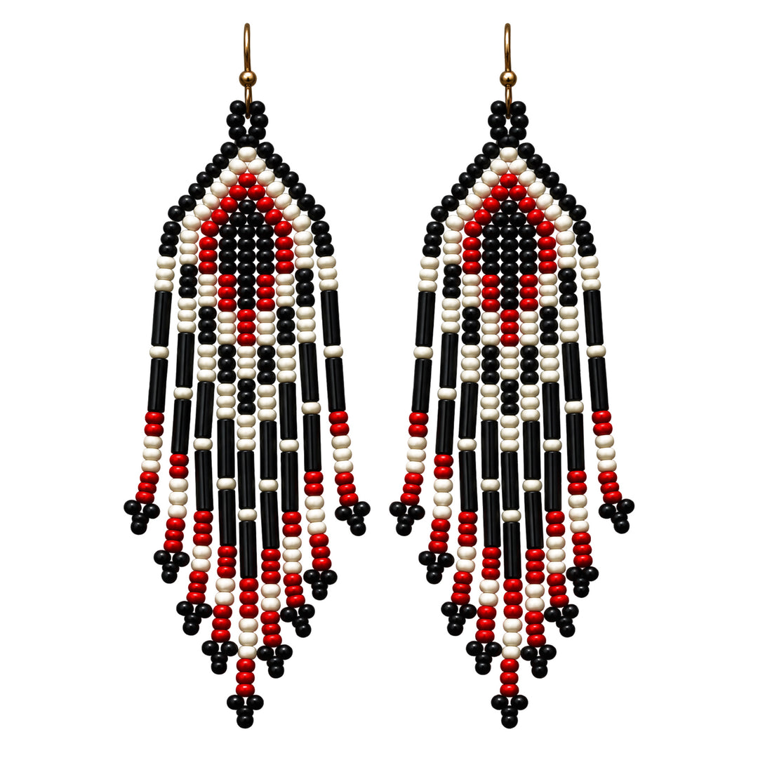 Handmade Beaded Fringe Dangle Earrings - Black, White and Red Geometric