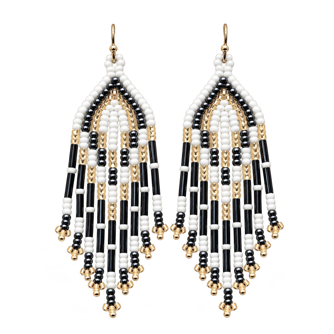 Handmade Beaded Fringe Dangle Earrings - Black, White and Gold Geometric