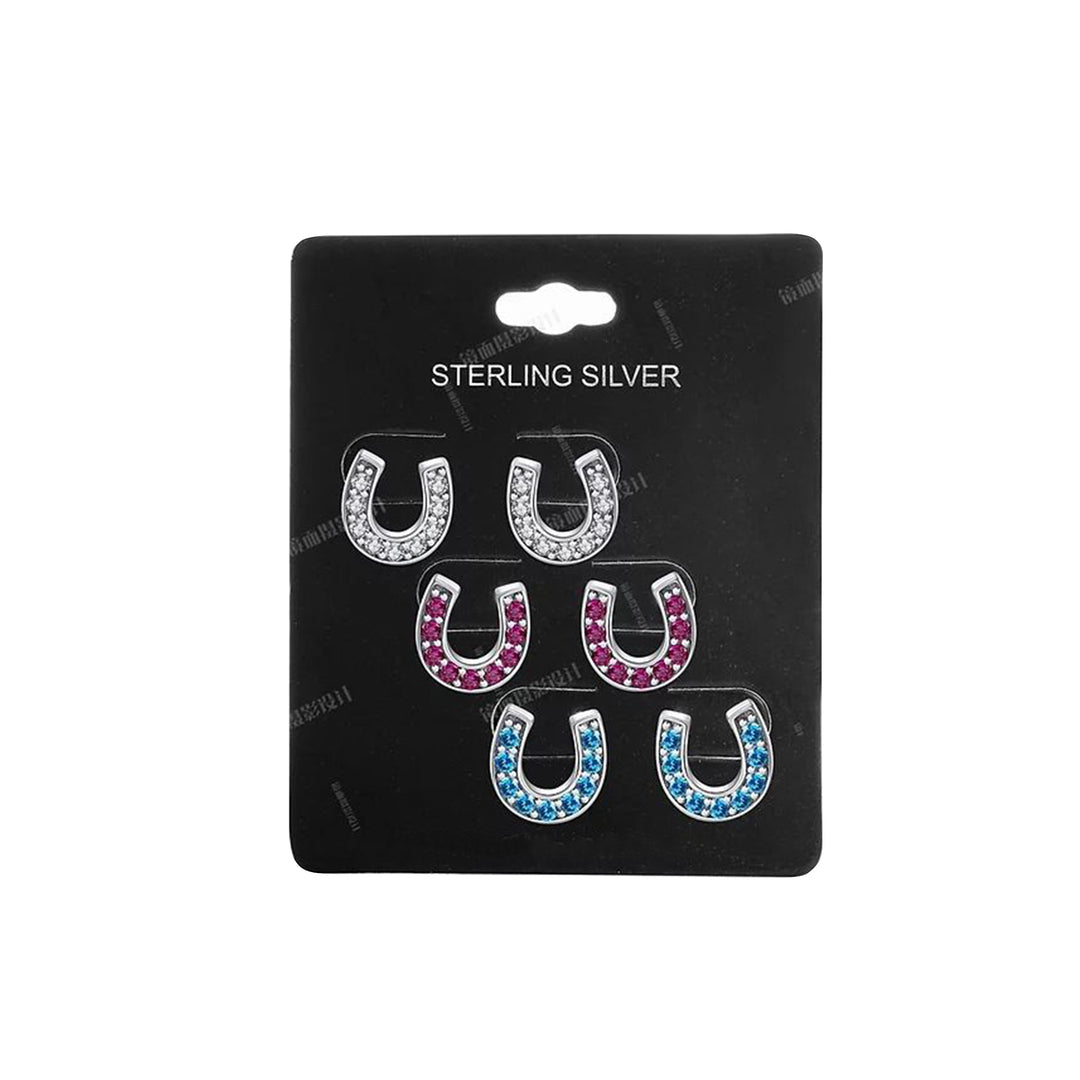 Sterling Silver Crystal Horseshoe Stud Earring Set - 3 Pairs