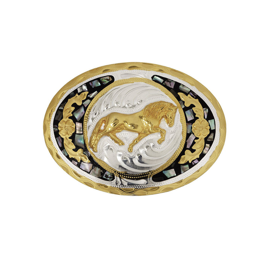 Galloping Horse &amp; Abalone German Silver Belt Buckle