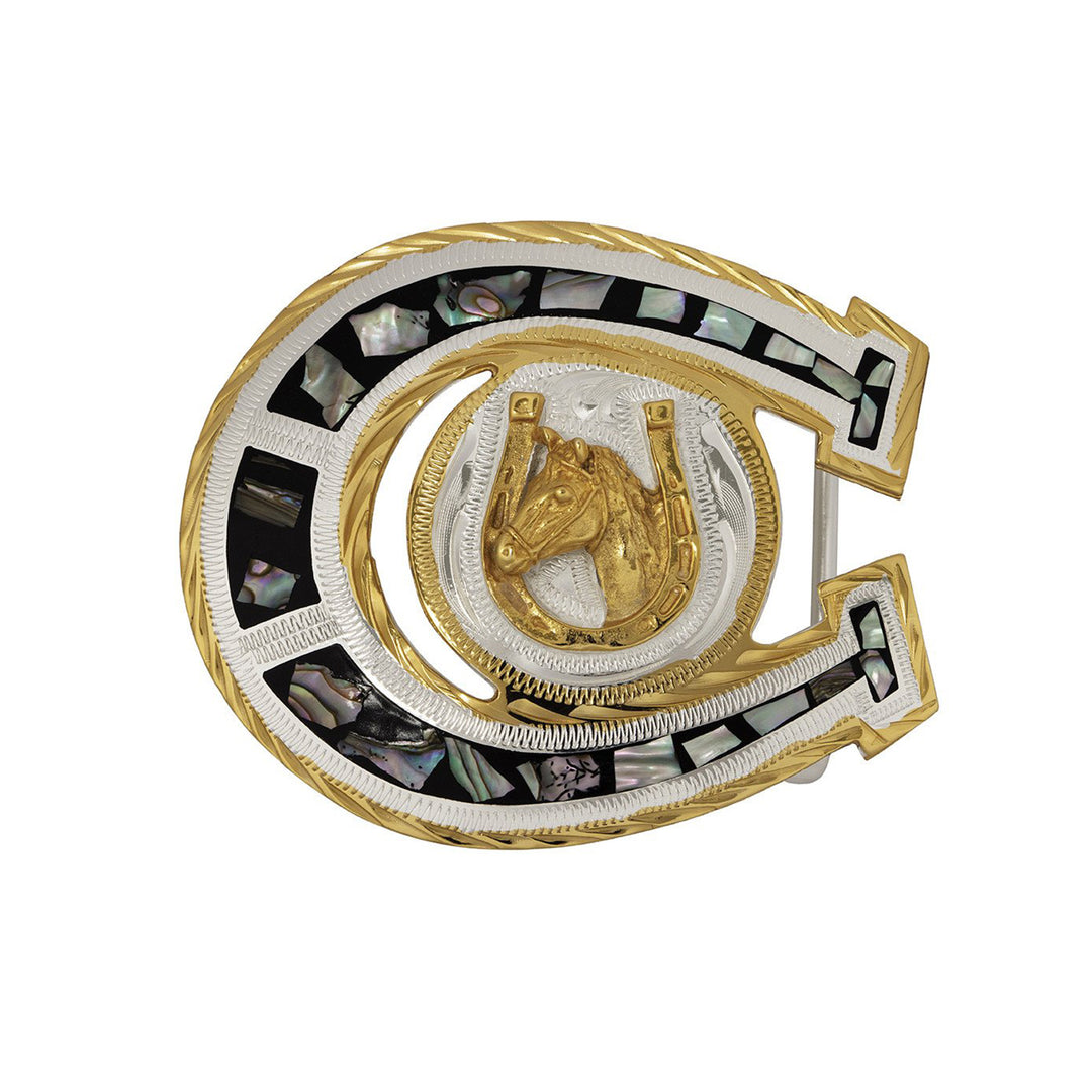 Gold Horseshoe &amp; Abalone German Silver Belt Buckle