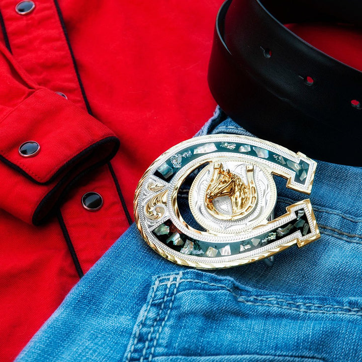 Gold Horseshoe &amp; Abalone German Silver Belt Buckle