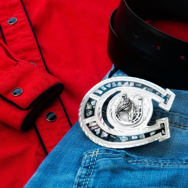 Silver Horseshoe &amp; Abalone German Silver Belt Buckle