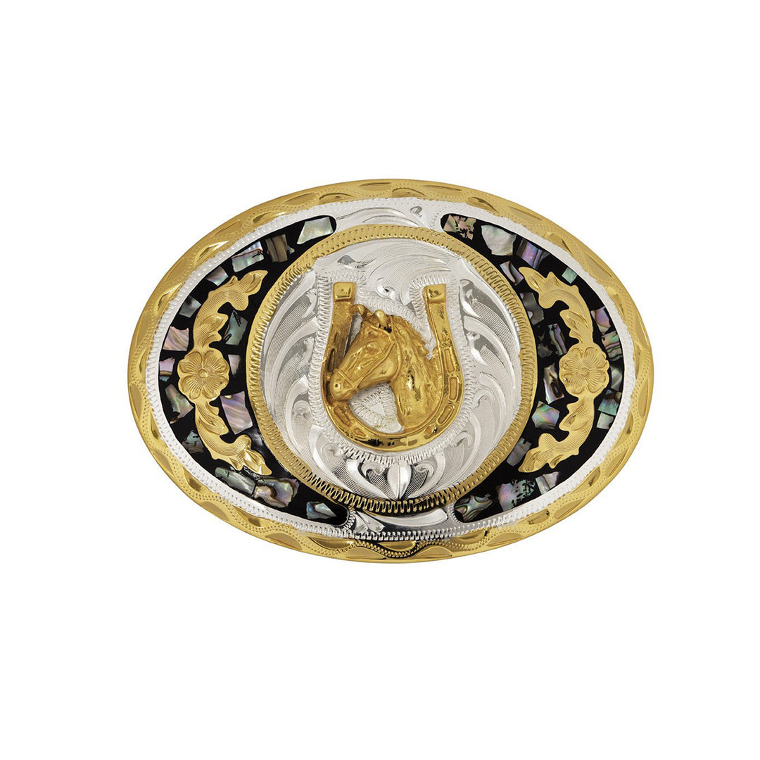Horse Head in Horseshoe &amp; Abalone German Silver Belt Buckle