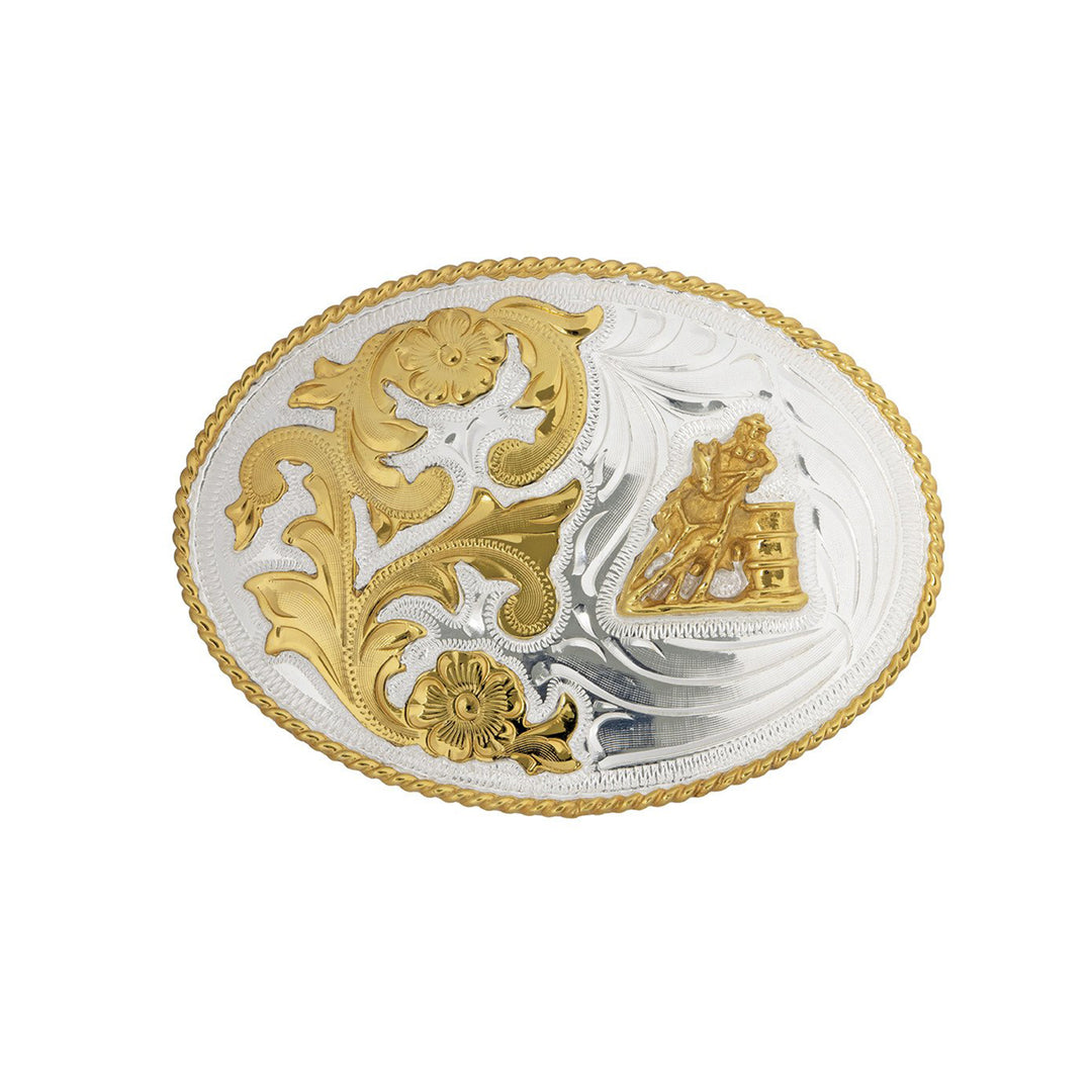 Barrel Racer German Silver Belt Buckle with Floral Scrolls