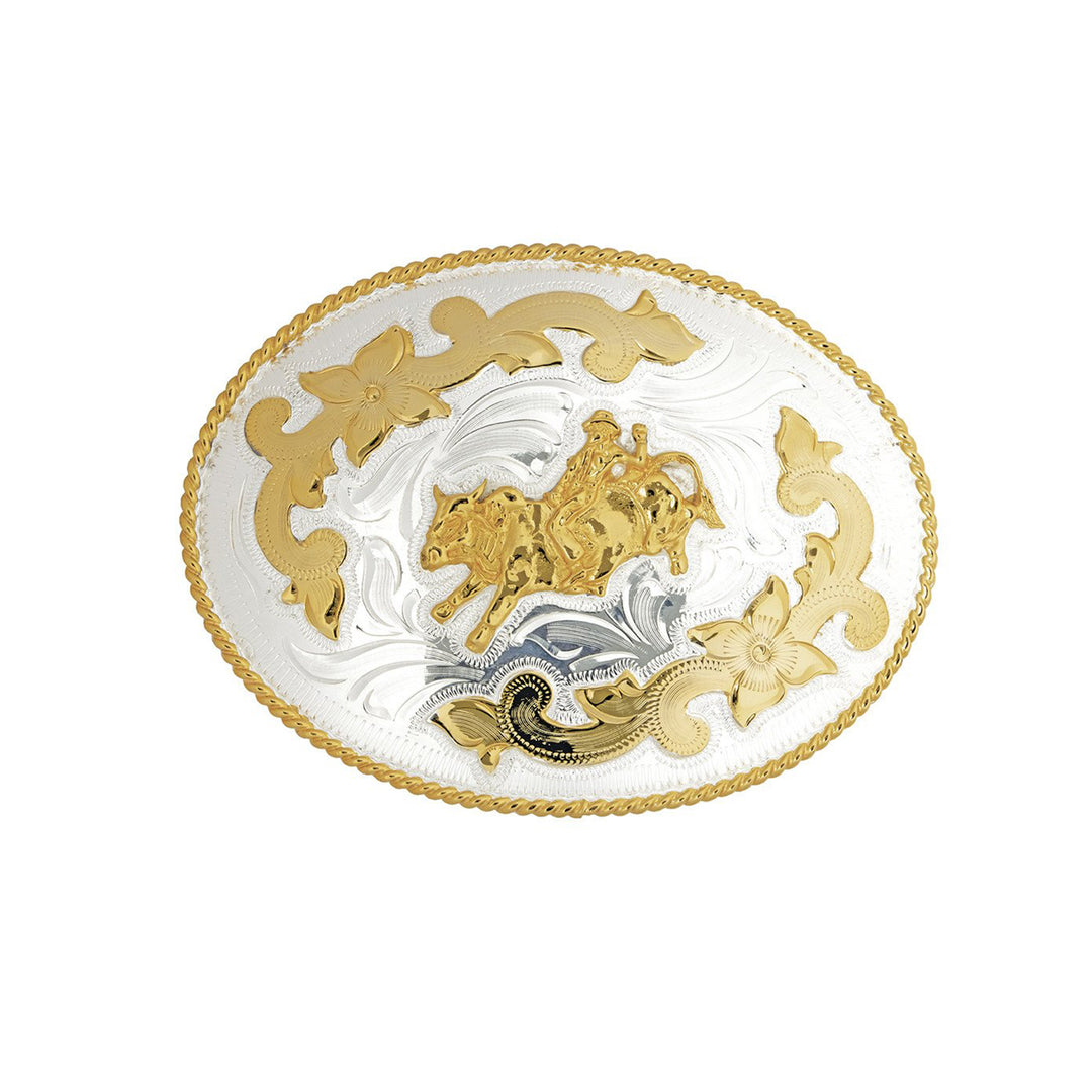 Bull Rider German Silver Oval Belt Buckle with Floral Scrolls - Oversize