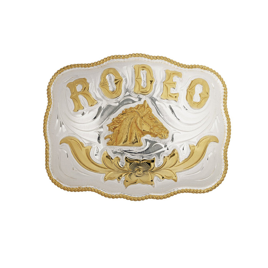 Horse Head &amp; Rodeo German Silver Belt Buckle - Oversize