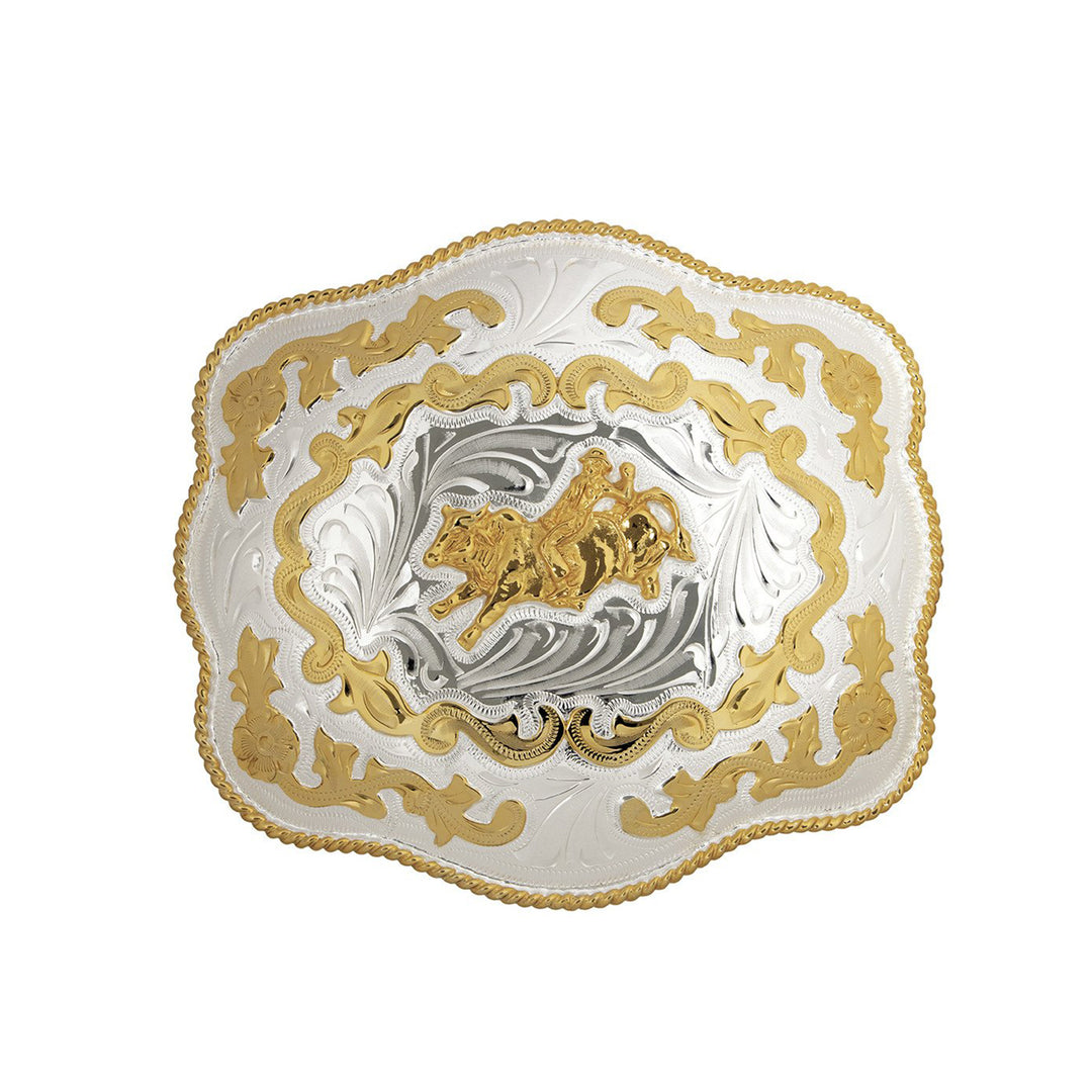 Bull Rider German Silver Belt Buckle with Scroll Pattern - Oversize