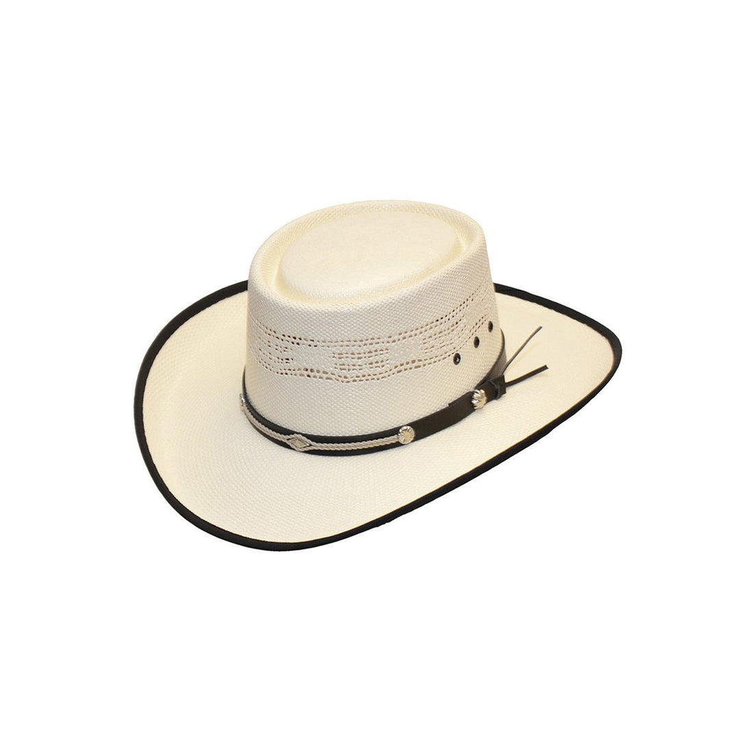 Natural Straw Western Gambler Hat with Black Trim &amp; Leather Hat Band