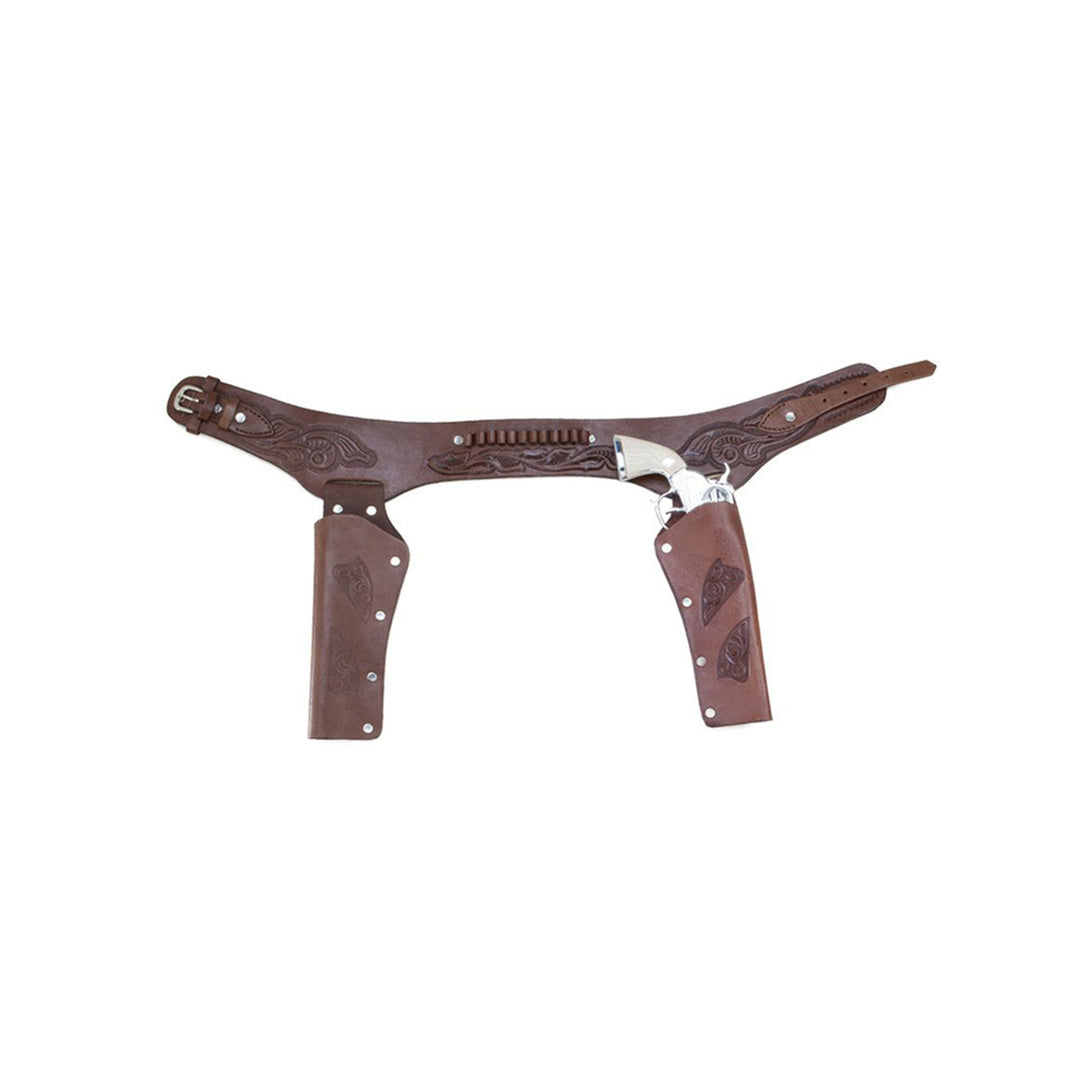 Chocolate Tooled Leather Double Holster Belt - Kids