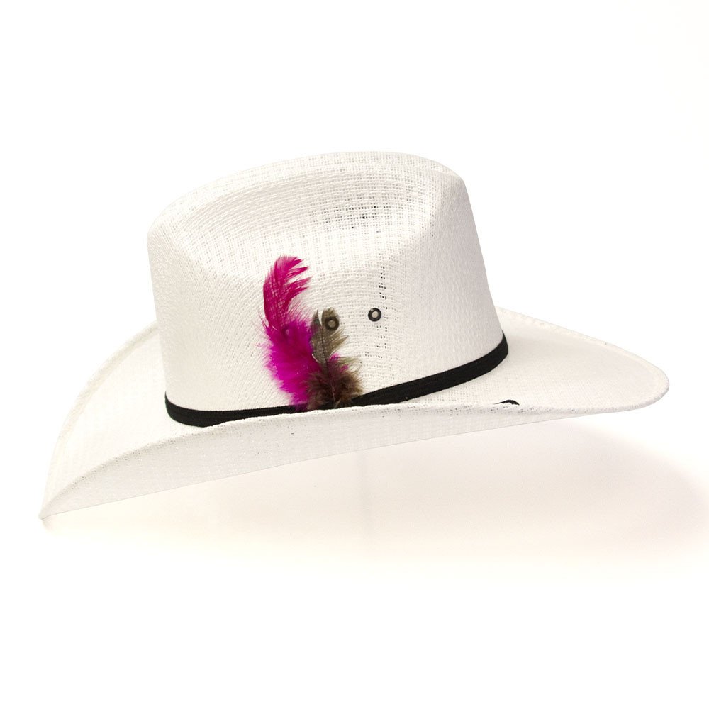 White Straw Western Cattleman Hat with Feather