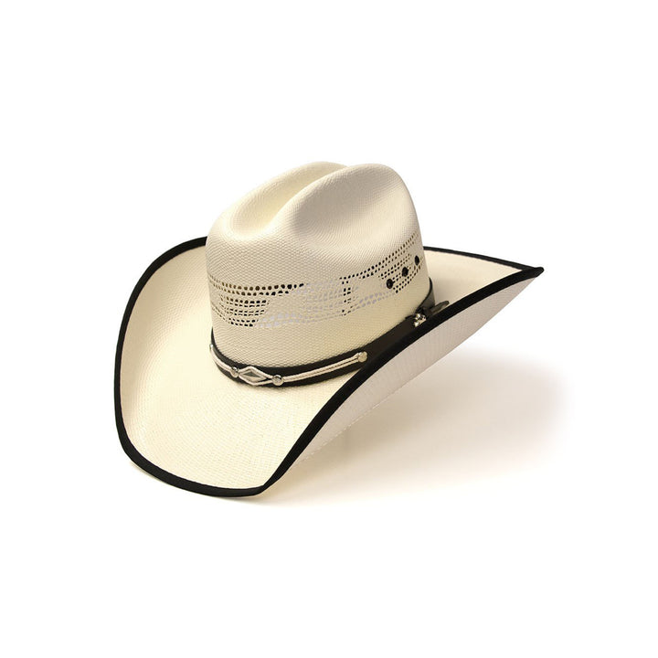 Natural Straw Western Bangora Hat with Black Trim &amp; Leather Hat Band