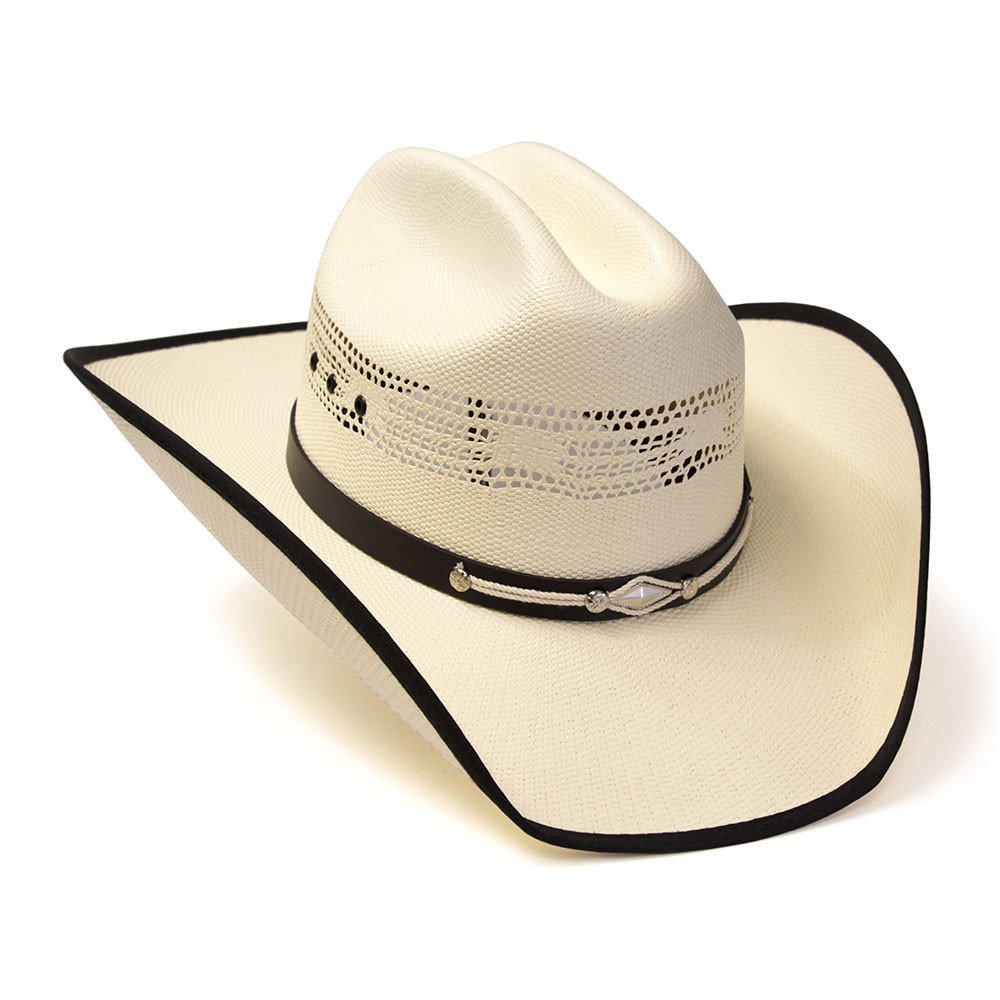 Natural Straw Western Bangora Hat with Black Trim &amp; Leather Hat Band