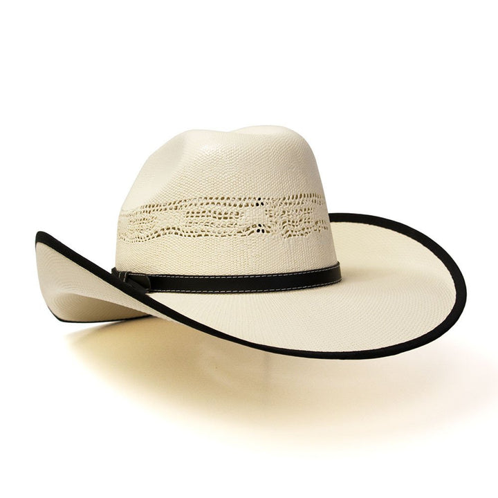 Natural Straw Western Bangora Hat with Black Trim &amp; Leather Hat Band