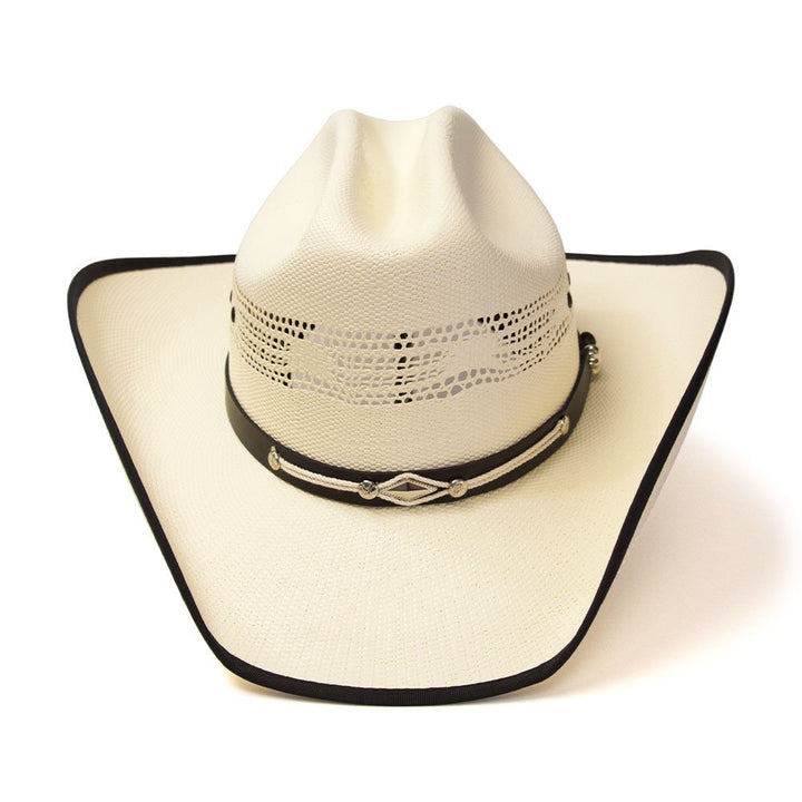 Natural Straw Western Bangora Hat with Black Trim &amp; Leather Hat Band