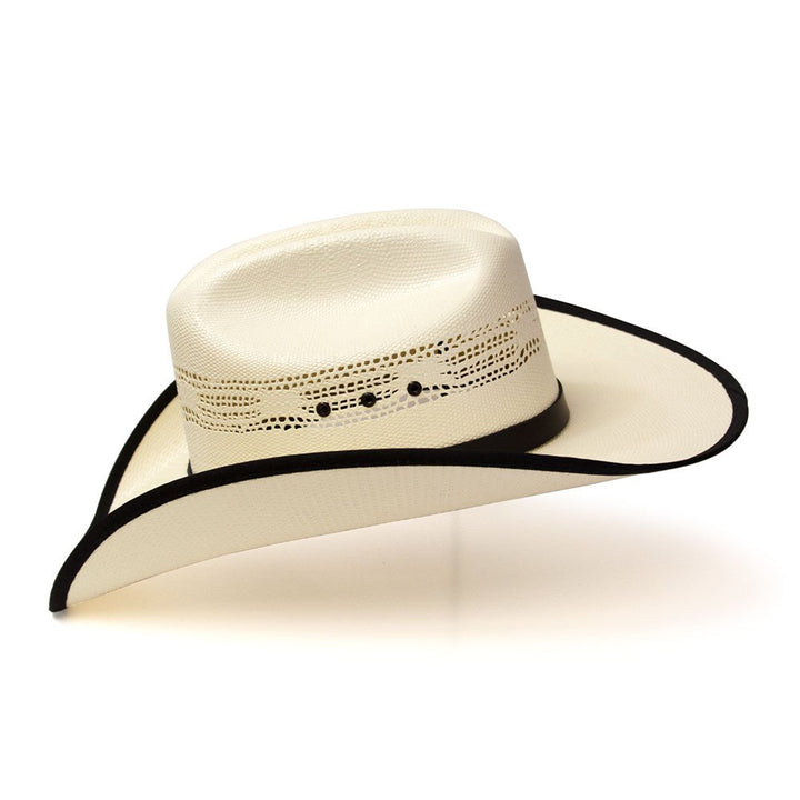 Natural Straw Western Bangora Hat with Black Trim &amp; Leather Hat Band