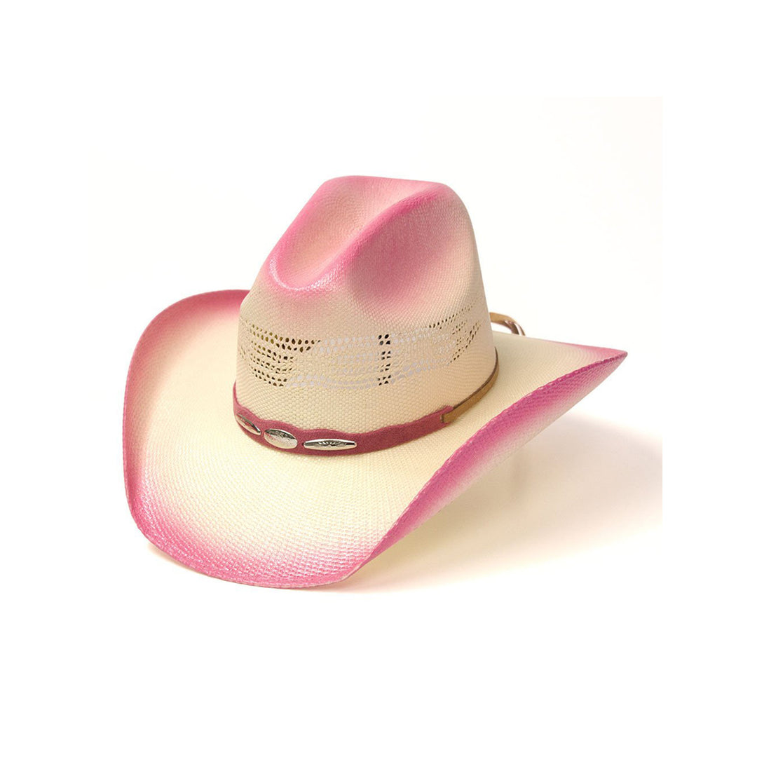 Straw Western Cattleman Hat with Pink Trim &amp; Silver Concho Hat Band