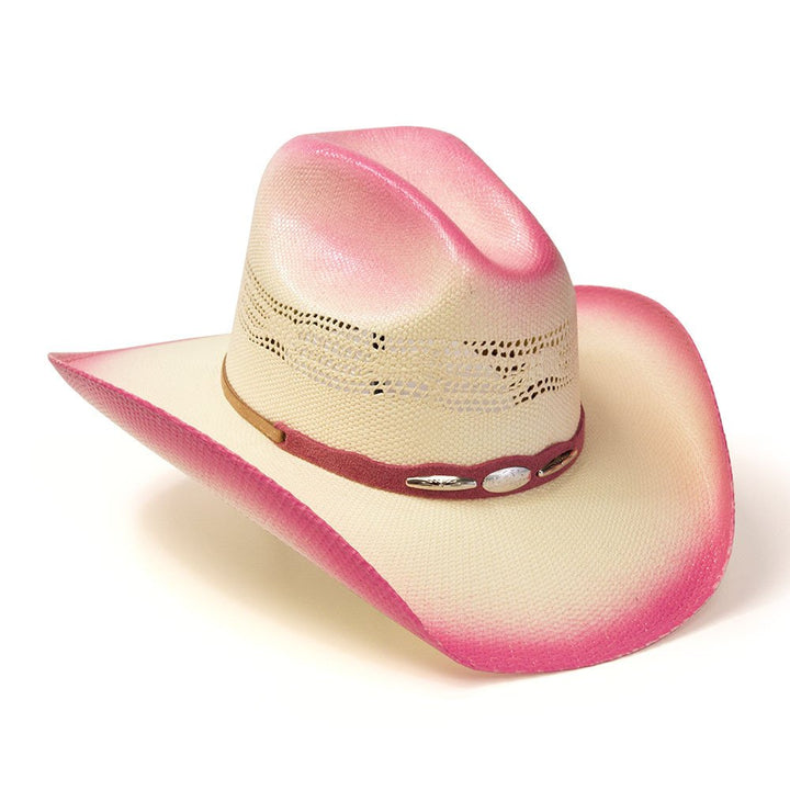 Straw Western Cattleman Hat with Pink Trim &amp; Silver Concho Hat Band