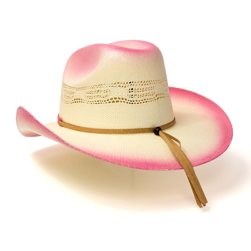 Straw Western Cattleman Hat with Pink Trim &amp; Silver Concho Hat Band