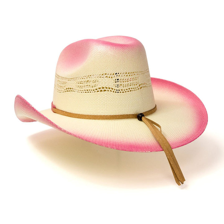Straw Western Cattleman Hat with Pink Trim &amp; Silver Concho Hat Band